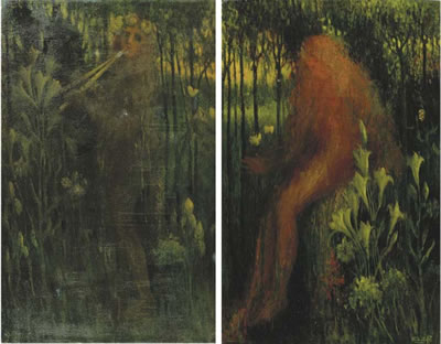 Henri Van Daalhoff : Het Geluid and De Liefde; two side canvases of a triptych