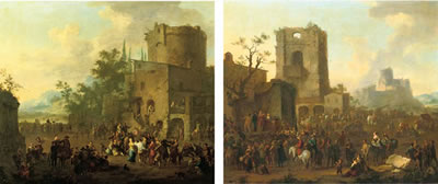 Franz De Paula-Ferg : An Italianate town with figures gathered around a 'commedia dell'arte' play, a castle on a hill beyond; and An Italianate town with figures dancing the 'Saltarello' and making music (2)