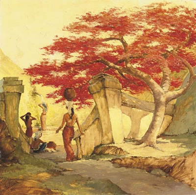 Aart Johannes Cock : Women bathing under the flamboyant tree