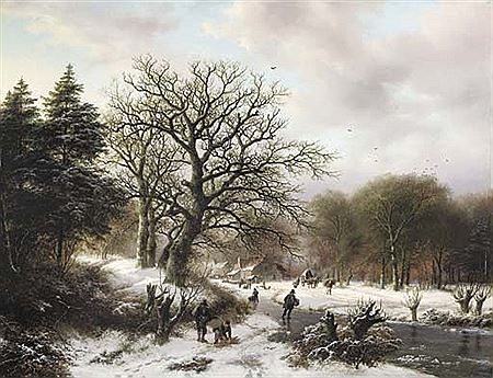 Barend Cornelis Koekkoek : A winter landscape with wood gatherers and skaters