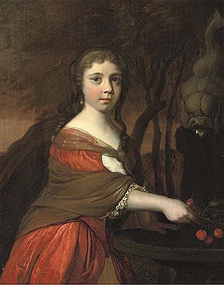 Barent Graat : Portrait of a girl, three-quarter-length, in a red dress and brown wrap, cleaning cherries in a fountain