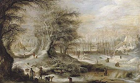 Gysbrecht Leytens : A winter landscape with hunters on a forest track and children playing on a frozen river, villages beyond