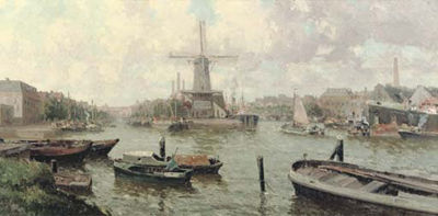 Gerardus Johannes Delfgaauw : De Distileerketel Molen: a Busy Working Day in Delfshaven, Rotterdam