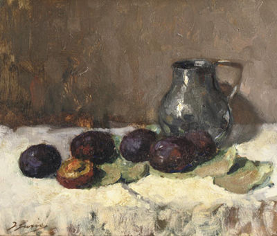 Jacoba Surie : Prunes and a jug on a table