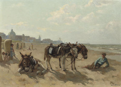 Louis Soonius : Donkeys on the beach of Scheveningen with the Kurhaus beyond