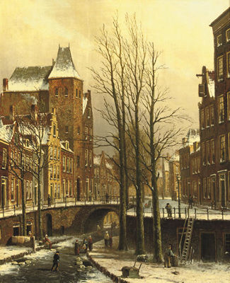 Oene Romkes Jongh : The fortified city castle Oudaen on the Oude Gracht in winter, Utrecht