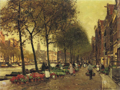 Heinrich Hermanns : The flowermarket with the Munttoren, Amsterdam