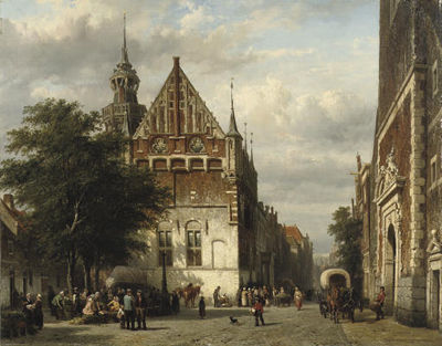 Cornelis Springer : A busy market in front of the Town Hall, Kampen, with the entrance of the Nieuwe Toren on the right