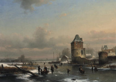 Louis Smets : A winter landscape with many figures on a frozen waterway