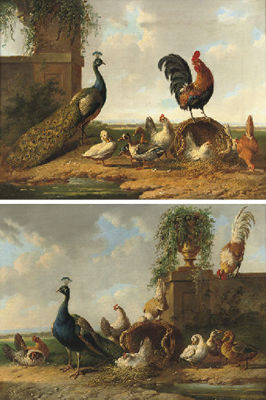 Albertus Verhoesen : Poultry by a ruin (pair)