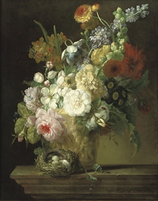 Willem Van Leen : Roses, chrysanthemums, anemonies and other flowers in a sculpted vase with a bird's nest on a stone ledge