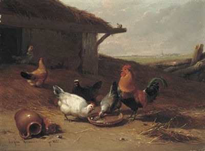 Albertus Verhoesen : Poultry near a ruin