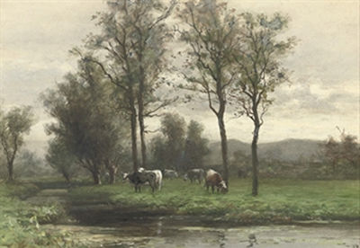 Pieter Adrianus Schipperus : Cattle grazing near a river