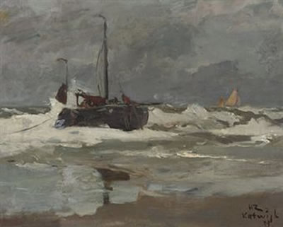 Henry Reuterdahl : A fishing vessel in choppy waters, Katwijk