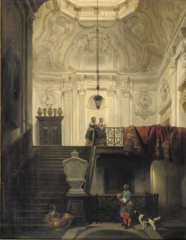 Hubertus Van Hove : Elegant figures in interior of Huis Schuylenburch, The Hague