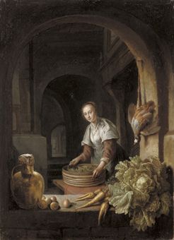 Jan Adriaensz Staveren : A maid preparing vegetables in a kitchen