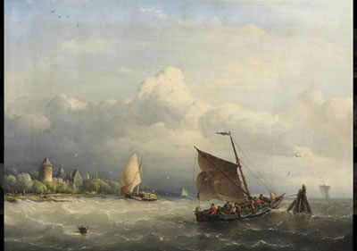 Nicolaas Riegen : A fishing boat mooring in choppy waters, a castle nearby