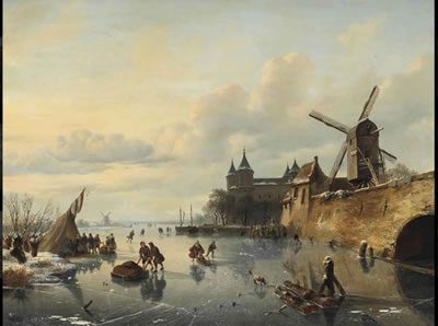 Cornelis Lieste : A winter landscape with skaters near a Dutch town