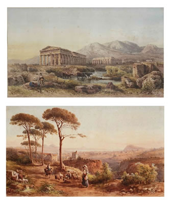 Giovanni Giordano Lanza : A view of Naples with the Vesuvius in the background; and The Temple of Neptune and the Temple of Hera, Paestum  (pair)