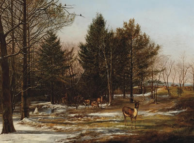 Pieter Gerardus van Os : A wooded winter landscape with deers