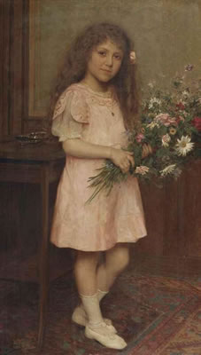 Edouard De Jans : Portrait of a young girl in a white dress holding a bouquet of flowers