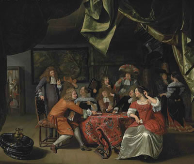 Matthijs Naiveu : Elegantly dressed figures playing cards at a draped table in an interior