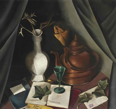 Jan Bor : A still life with a vase, a kettle and a glass