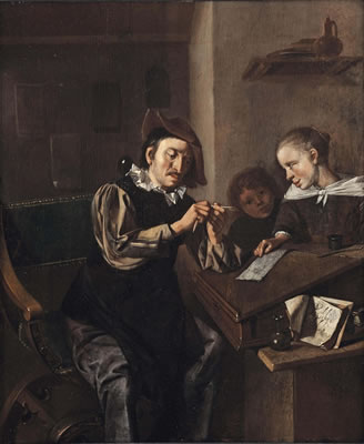 Bernardus Van Schijndel : A school interior with the head master sharpening a pencil while two children look on