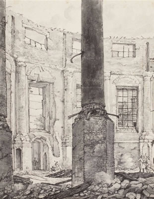 Gerrit Lamberts : The ruins of the Lutheran Church, Amsterdam, after the fire of 1822, looking towards the organ-loft