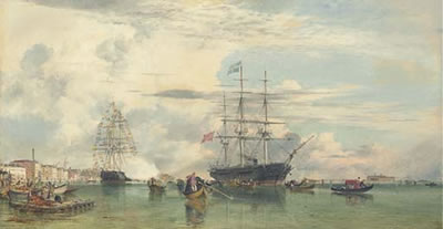 Edward William Cooke : The Arrival of Otho, ex-King of Greece, at Venice, 29th October, 1862, in H.M. Corvette 'Scylla', 21 guns, Captain Rowley Lambert.