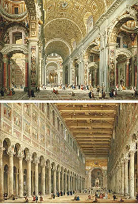 Giovanni Paolo Panini : Interior of Saint Peter's, Rome, looking west towards the tomb of St. Peter, with numerous worshippers and other figures in the nave; and Interior of San Paolo fuori le Mura, Rome, looking down the nave towards the altar, with numerous worshippers, workme