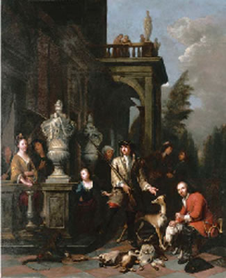 Jan Baptist Lambrechts : A family hunting group outside a Neoclassical mansion