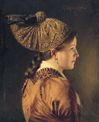 Carl Kronberger : A portrait of a girl wearing a goldhaube