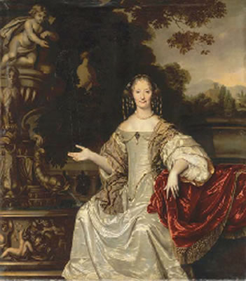 Pieter Nason : Portrait of Cornelia Reynst (1615-1708), seated, three-quarter-length, in a white silk dress with a gold-embroidered shawl and pearl earrings, necklace and head-dress, in a garden by a fountain