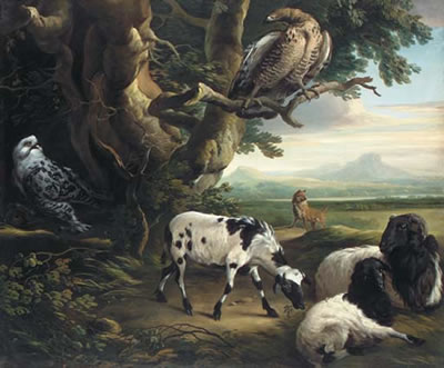 Philip Reinagle : Birds of prey, goats and a wolf, in a landscape