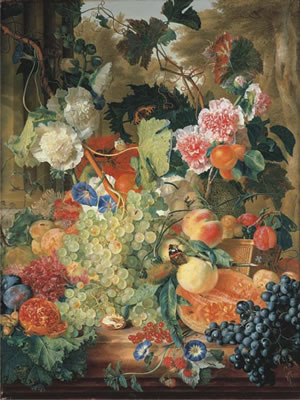 Jan Van Huysum : Green grapes on the vine with morning glory,pink and white hollyhocks, walnuts, a pomagranata, raspberries, and other fruit, a small Tortoiseshell butterfly and other insects with a landscape with birch trees beyond