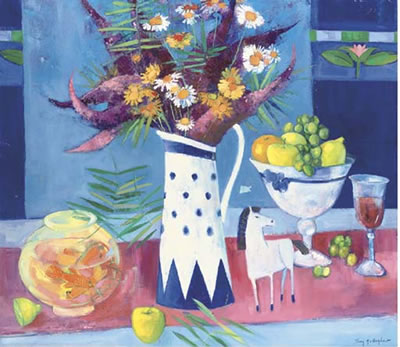 Mary Gallagher : Still life with jug of flowers and goldfish