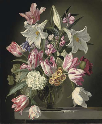 Gerald Cooper : Lilies and tulips in a glass vase