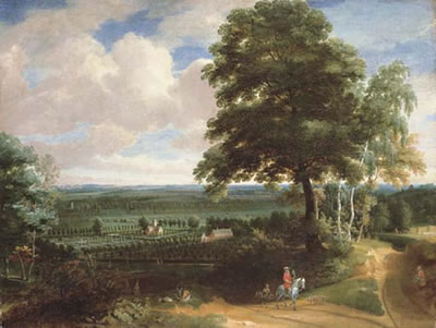 Jacques D'Arthois : A panoramic landscape with a huntsman on a path and a manor house with formal gardens beyond