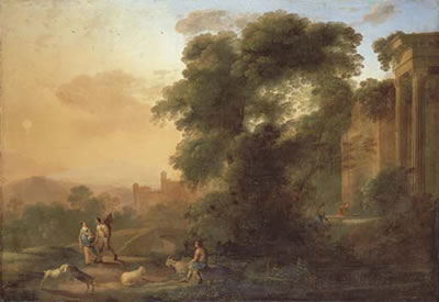 Herman Van Swanevelt : An Italianate landscape with a couple on a path by a river, a shepherd resting with his flock and men collecting water by classical ruins