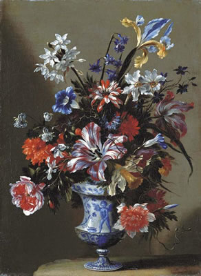 Mario Nuzzi : Lilies, peonies, narcissi, morning glory and other flowers in a blue and white vase on a stone ledge