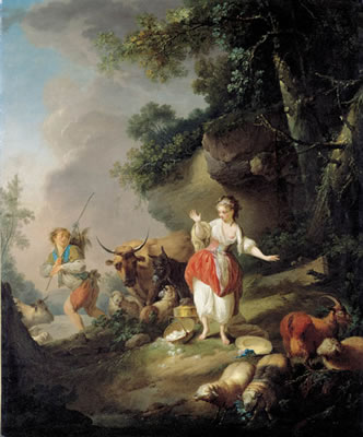 Jean-Baptiste Marie Huet : Les oeufs cassés: A shepherdess startled by a drover and his cattle in a pastoral landscape