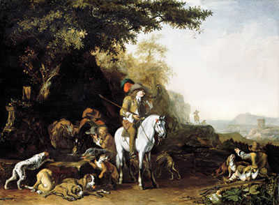 Abraham Danielsz Hondius : An extensive landscape with a hunting party resting by a water trough and a sportsman shooting