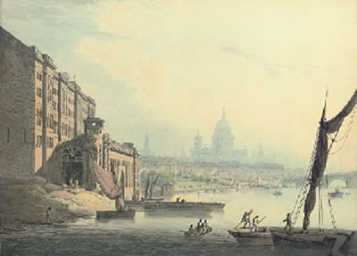 Francis Nicholson : View of the Thames, from Somerset House with St Paul's Cathedral in the distance, London