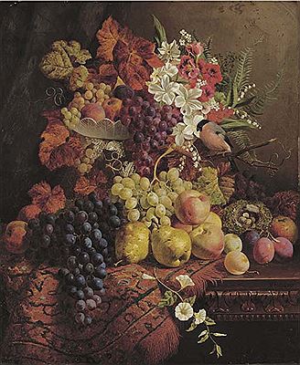 William Hughes : Flowers, fruit, a bullfinch and its nest