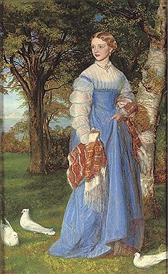 Arthur Hughes : Portrait of Mrs Louisa Jenner, full-length, in a blue dress against an Edinburgh landscape