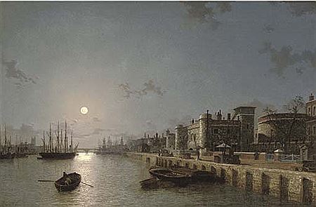 Henry Pether : View of the Thames by moonlight, towards London Bridge, with the Tower of London and Traitors' Gate in the foreground