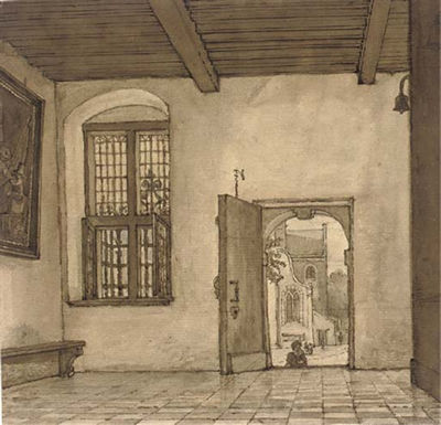 Gerrit Lamberts : The interior of a house, with an open door showing the street beyond