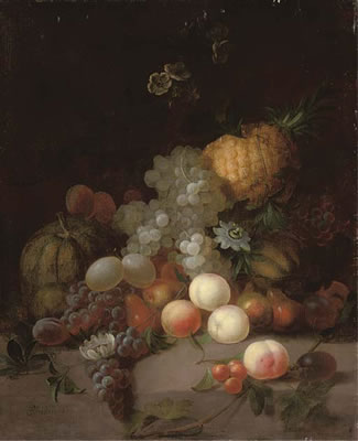 Joseph Rhodes : A pineapple, a watermelon, grapes, pears, peaches and other fruits with flowers on a stone ledge