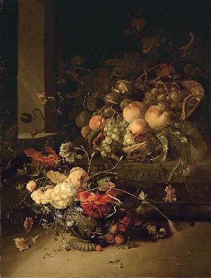 Jacob van Walscapelle : Peaches, grapes, walnuts and wild blackberrries in a basket on a stone plinth and roses, morning glory and carnations in a stone urn, by a window, with a butterfly